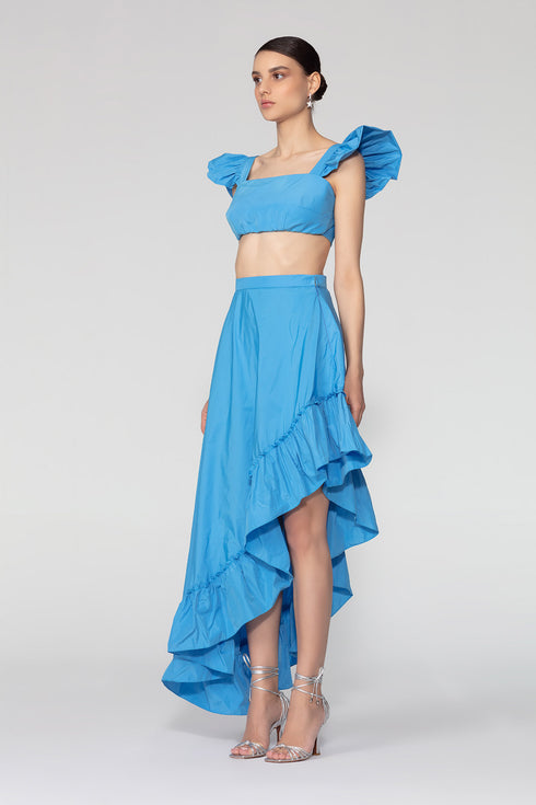 Electric Blue High Waist Asymmetric Flounce Detailed Long Skirt